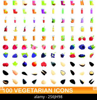 100 vegetarian icons set. Cartoon illustration of 100 vegetarian icons vector set isolated on white background. 100 vegetarian icons set, cartoon style Stock Vector