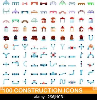 100 construction icons set. Cartoon illustration of 100 construction icons vector set isolated on white background. 100 construction icons set, cartoon style Stock Vector