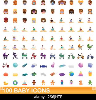 100 baby icons set. Cartoon illustration of 100 baby icons vector set isolated on white background. 100 baby icons set, cartoon style Stock Vector