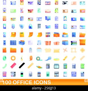 100 office icons set. Cartoon illustration of 100 office icons vector set isolated on white background. 100 office icons set, cartoon style Stock Vector