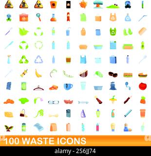 100 waste icons set. Cartoon illustration of 100 waste icons vector set isolated on white background. 100 waste icons set, cartoon style Stock Vector
