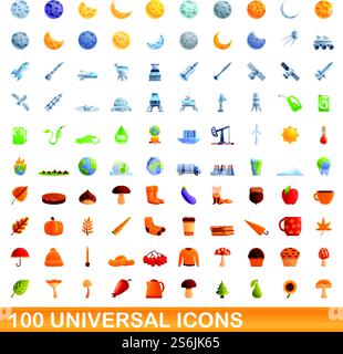 100 universal icons set. Cartoon illustration of 100 universal icons vector set isolated on white background. 100 universal icons set, cartoon style Stock Vector