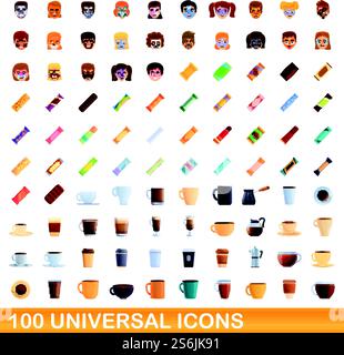 100 universal icons set. Cartoon illustration of 100 universal icons vector set isolated on white background. 100 universal icons set, cartoon style Stock Vector
