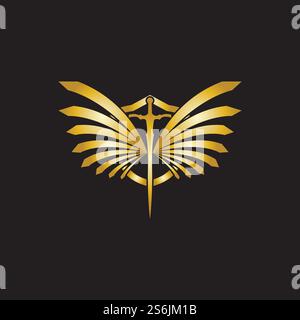 Gold winged sword with shield vector icon. Stock Vector