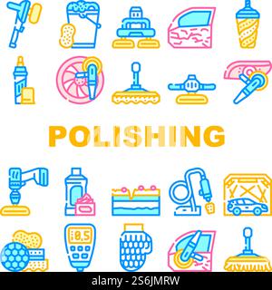 Car Polishing Tool Collection Icons Set Vector. Screwdriver With Different Attachment And Sponges For Car Polishing Body Details And Glass Concept Linear Pictograms. Contour Color Illustrations. Car Polishing Tool Collection Icons Set Vector Stock Vector