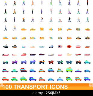 100 transport icons set. Cartoon illustration of 100 transport icons vector set isolated on white background. 100 transport icons set, cartoon style Stock Vector