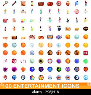 100 entertainment icons set. Cartoon illustration of 100 entertainment icons vector set isolated on white background. 100 entertainment icons set, cartoon style Stock Vector