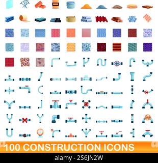 100 construction icons set. Cartoon illustration of 100 construction icons vector set isolated on white background. 100 construction icons set, cartoon style Stock Vector