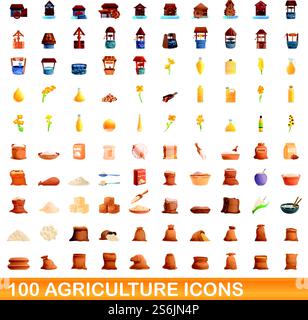 100 agriculture icons set. Cartoon illustration of 100 agriculture icons vector set isolated on white background. 100 agriculture icons set, cartoon style Stock Vector