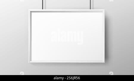 Poster Blank Advertisement Paper With Frame Vector. Hanging On Wall Poster List, Office Or House Room Picture. Promotional Banner Or Image Empty Canvas Mockup Realistic 3d Illustration. Poster Blank Advertisement Paper With Frame Vector Stock Vector