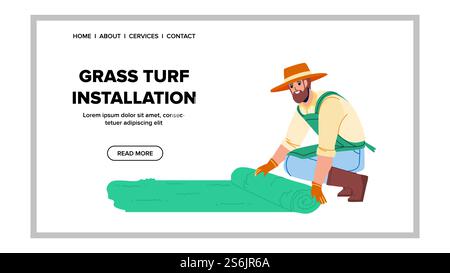 Grass Turf Installation Gardener In Garden Vector. Agricultural Worker Grass Turf Installation. Character Laying Lawn Natural Roll On Backyard, Gardening Occupation Web Flat Cartoon Illustration. Grass Turf Installation Gardener In Garden Vector Stock Vector