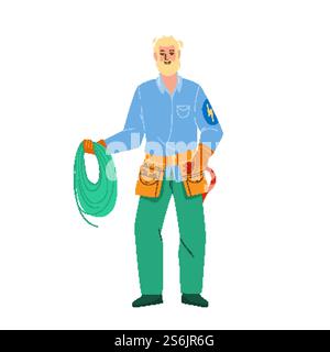 Electrician Hold Electrical Cord And Tool Vector. Electrician Man Holding Electric Wire And Professional Equipment. Character Repair Electricity Service Worker Flat Cartoon Illustration. Electrician Hold Electrical Cord And Tool Vector Stock Vector