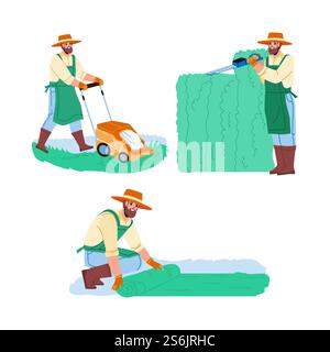 Gardener Man Work In Garden Collection Set Vector. Gardener Pruning Hedge With Secateur, Laying Lawn And Mowing Grass With Mower Device. Character Agricultural Worker Flat Cartoon Illustrations. Gardener Man Work In Garden Collection Set Vector Stock Vector