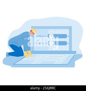 Floor Heating System Installing Handyman Vector. Floor Heating Equipment Installation Underfloor Man Builder. Character Man Worker Install Thermal Pipeline Flat Cartoon Illustration. Floor Heating System Installing Handyman Vector Stock Vector
