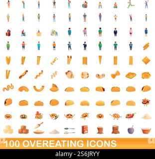 100 overeating icons set. Cartoon illustration of 100 overeating icons vector set isolated on white background. 100 overeating icons set, cartoon style Stock Vector