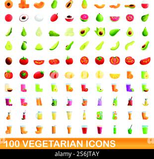 100 vegetarian icons set. Cartoon illustration of 100 vegetarian icons vector set isolated on white background. 100 vegetarian icons set, cartoon style Stock Vector
