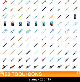 100 tool icons set. Cartoon illustration of 100 tool icons vector set isolated on white background. 100 tool icons set, cartoon style Stock Vector