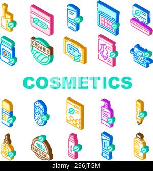 Organic Cosmetics Collection Icons Set Vector. Makeup Palette Cosmetics And Facial Mask Sheet, Natural Coconut Oil For Hair And Skin Isometric Sign Color Illustrations. Organic Cosmetics Collection Icons Set Vector Stock Vector
