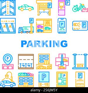 Parking Transport Collection Icons Set Vector. Electronic Parking Ticket And Pass Card, Gps Mark Location On Map And Electronic Gates Concept Linear Pictograms. Contour Color Illustrations. Parking Transport Collection Icons Set Vector Stock Vector