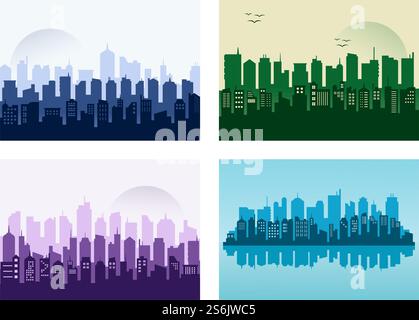 City Landscape Buildings and Architecture Silhouette Vector Background Collage Set. Illustration in Simple Geometric Flat Style Stock Vector