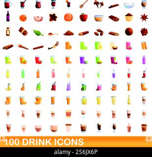 100 drink icons set. Cartoon illustration of 100 drink icons vector set isolated on white background. 100 drink icons set, cartoon style Stock Vector