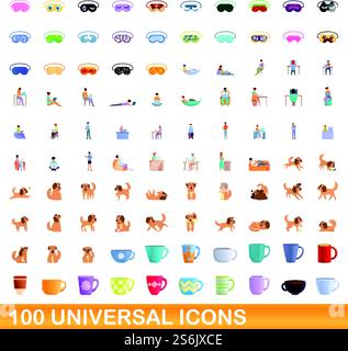 100 universal icons set. Cartoon illustration of 100 universal icons vector set isolated on white background. 100 universal icons set, cartoon style Stock Vector