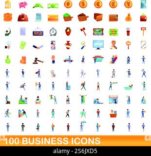 100 business icons set. Cartoon illustration of 100 business icons vector set isolated on white background. 100 business icons set, cartoon style Stock Vector