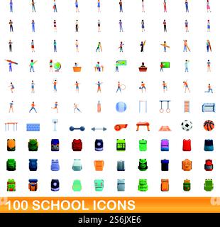100 school icons set. Cartoon illustration of 100 school icons vector set isolated on white background. 100 school icons set, cartoon style Stock Vector