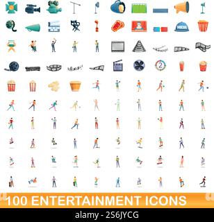 100 entertainment icons set. Cartoon illustration of 100 entertainment icons vector set isolated on white background. 100 entertainment icons set, cartoon style Stock Vector