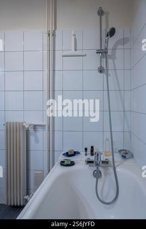 Paris, France - 01 12 2025: Two soaps, two bottles of essential oils, a homemade shower gel and a pumice stone on the edge of a bathtub, a squeegee an Stock Photo