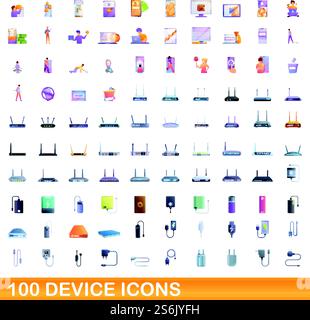 100 device icons set. Cartoon illustration of 100 device icons vector set isolated on white background. 100 device icons set, cartoon style Stock Vector