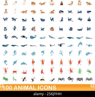 100 animal icons set. Cartoon illustration of 100 animal icons vector set isolated on white background. 100 animal icons set, cartoon style Stock Vector