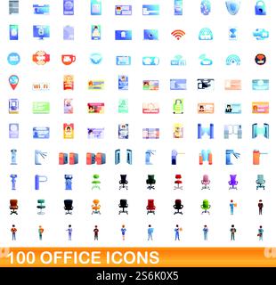 100 office icons set. Cartoon illustration of 100 office icons vector set isolated on white background. 100 office icons set, cartoon style Stock Vector