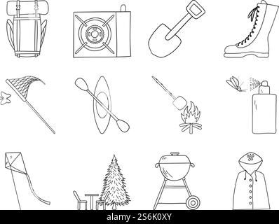 Camping Icon Set. Hand Drawn Doodle Sketch Design. Vector Illustration. Stock Vector