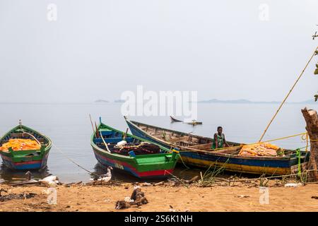 Lake Victoria, Tanzania - July 30, 2024. Fishing activities on the shores of Lake Victoria. This lake, the largest in africa once had a flourising eco system that is now endangered by the invasive Nile Bass. People in the communities now struggle to make a living. Stock Photo