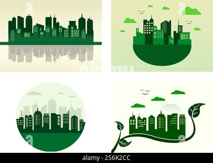 City Landscape Buildings and Architecture Silhouette Vector Background Collage Set. Illustration in Simple Geometric Flat Style Stock Vector
