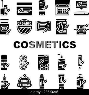 Organic Cosmetics Collection Icons Set Vector. Makeup Palette Cosmetics And Facial Mask Sheet, Natural Coconut Oil For Hair And Skin Glyph Pictograms Black Illustrations. Organic Cosmetics Collection Icons Set Vector Stock Vector