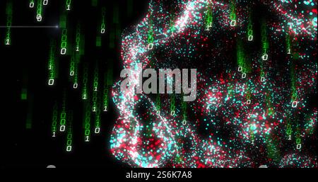 Image of digital data processing binary coding over floating mesh on black background Stock Photo