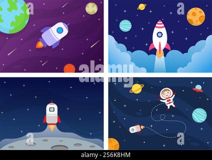 Astronaut With Rocket Illustration For Explore In Outer Space And Movement To See Stars, Moon, Planets Or Asteroids Stock Vector