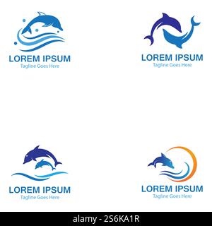 set of Dolphin smart fish jump logo in the sea template design Stock Vector