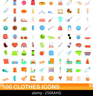 100 clothes icons set. Cartoon illustration of 100 clothes icons vector set isolated on white background. 100 clothes icons set, cartoon style Stock Vector
