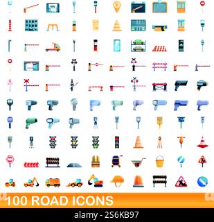 100 road icons set. Cartoon illustration of 100 road icons vector set ...