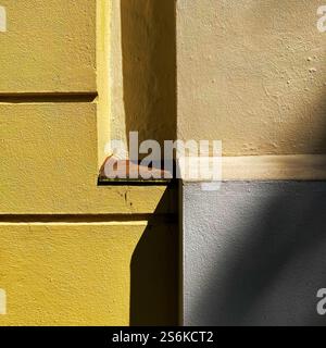 Geometric pattern created by sunlight and shadows on a corner of yellow and beige walls. Stock Photo