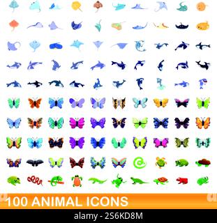 100 animal icons set. Cartoon illustration of 100 animal icons vector set isolated on white background. 100 animal icons set, cartoon style Stock Vector