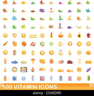 100 vitamin icons set. Cartoon illustration of 100 vitamin icons vector set isolated on white background. 100 vitamin icons set, cartoon style Stock Vector