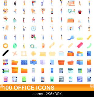 100 office icons set. Cartoon illustration of 100 office icons vector set isolated on white background. 100 office icons set, cartoon style Stock Vector