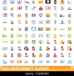 100 internet icons set. Cartoon illustration of 100 internet icons vector set isolated on white background. 100 internet icons set, cartoon style Stock Vector