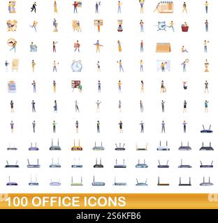 100 office icons set. Cartoon illustration of 100 office icons vector set isolated on white background. 100 office icons set, cartoon style Stock Vector