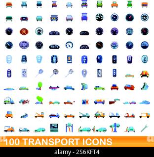 100 transport icons set. Cartoon illustration of 100 transport icons vector set isolated on white background. 100 transport icons set, cartoon style Stock Vector