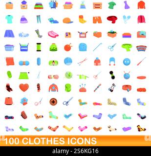 100 clothes icons set. Cartoon illustration of 100 clothes icons vector set isolated on white background. 100 clothes icons set, cartoon style Stock Vector